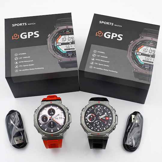 Microwear DM58 GPS 45mm Smartwatch με Παλμογράφο (Red Silicone)