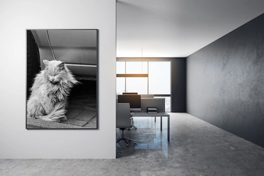 iLovePrints Gemälde Schwarz Weiß Katze Sitzt Neben Einem Auto 60x90