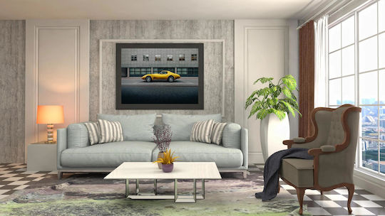 Painting Yellow Vintage Car In Urban Setting Yellow Vintage Car Urban Setting 65x40