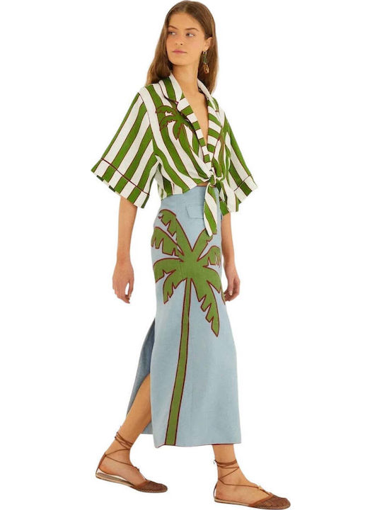 Λινή Maxi Φούστα Floral Blue