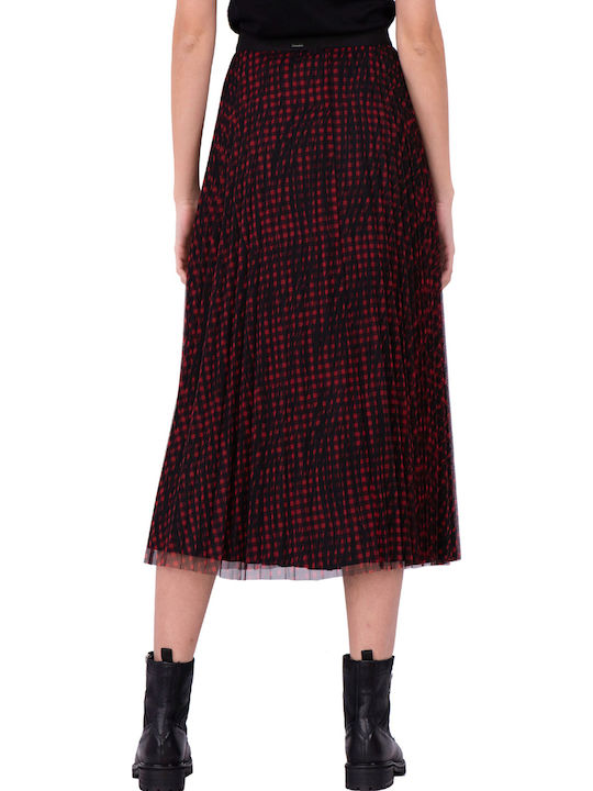 Pleated High-waisted Midi Skirt Checked Burgundy