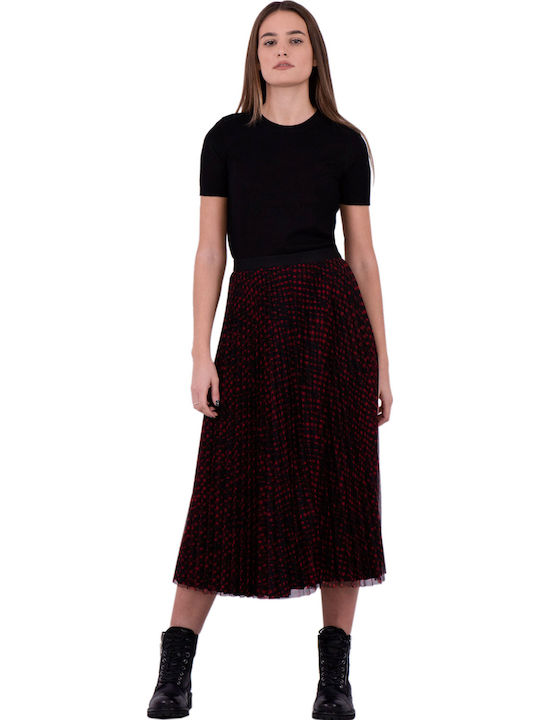 Pleated High-waisted Midi Skirt Checked Burgundy