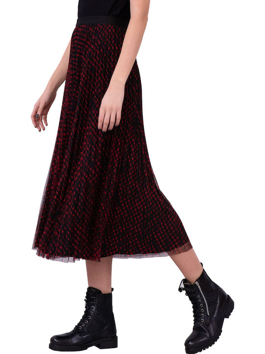 Pleated High-waisted Midi Skirt Checked Burgundy