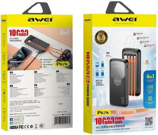 Awei P67K 4in1 Power Bank 10000mAh with USB-A Port and USB-C Port Black
