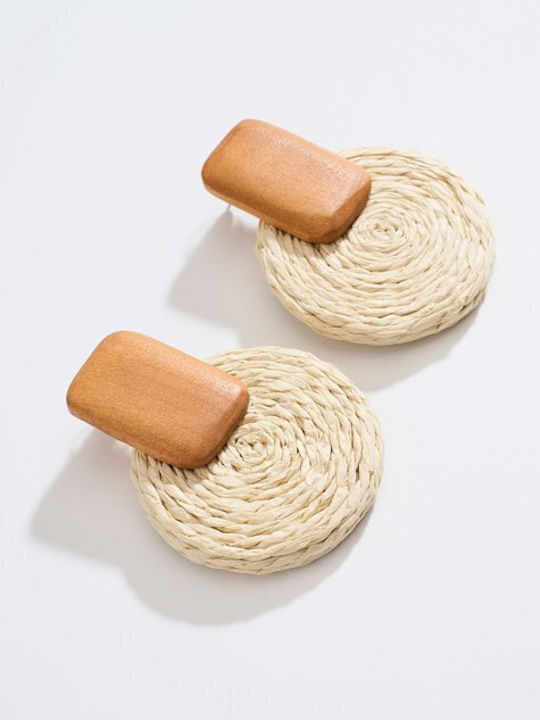 Earrings Raffia Wooden Detail Beige