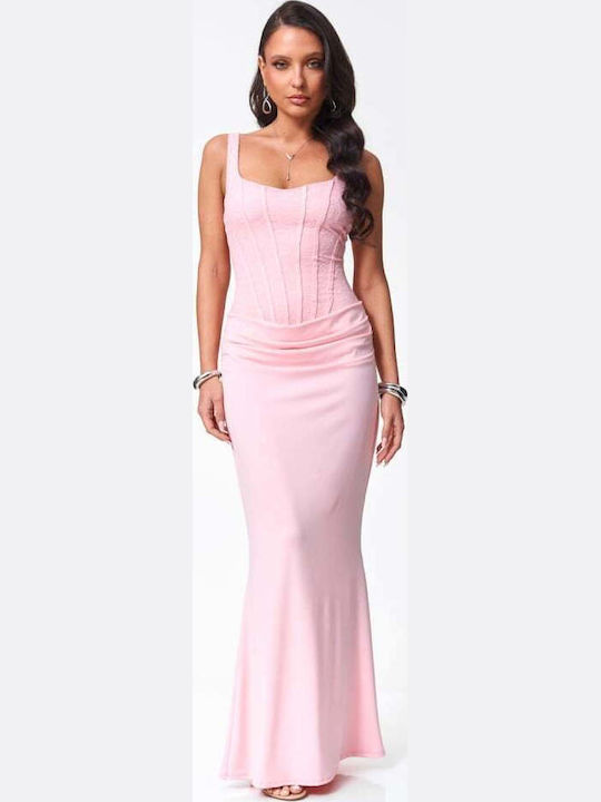 Summer Maxi Evening Dress with Lace Pink