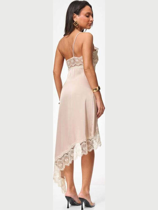 Mini Evening Satin Dress with Lace Beige