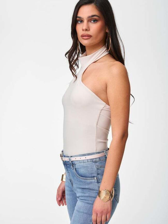 Women's Sleeveless Top with Tie at Neck Beige