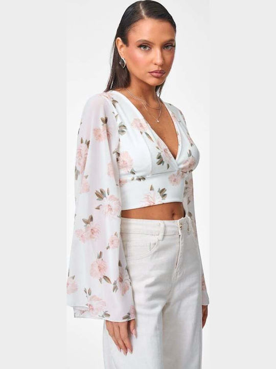 Women's Crop Top Floral Ecru