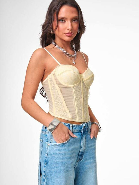 Damen Bluse Korsett mit Spitze Gelb