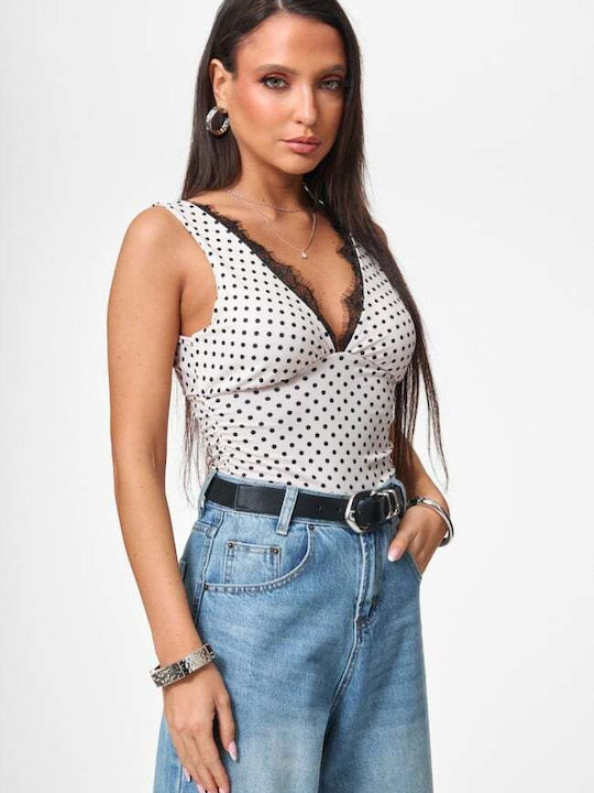 Women's Blouse with Lace Polka Dot Beige