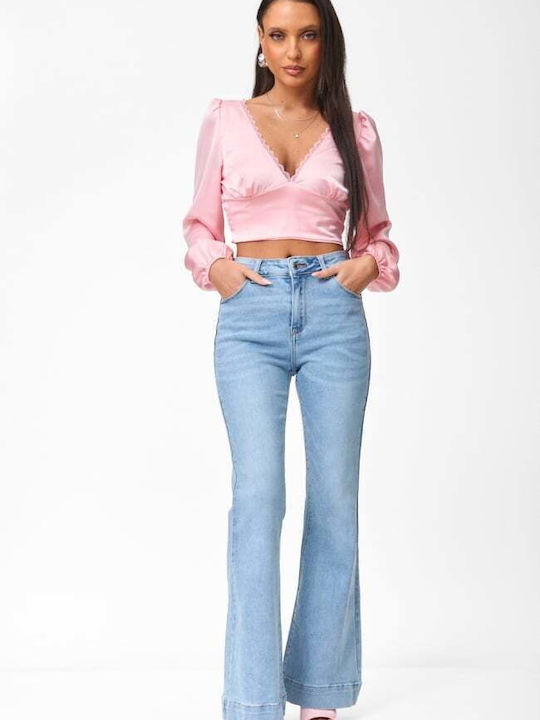 Women's Satin Crop Top with Lace Pink