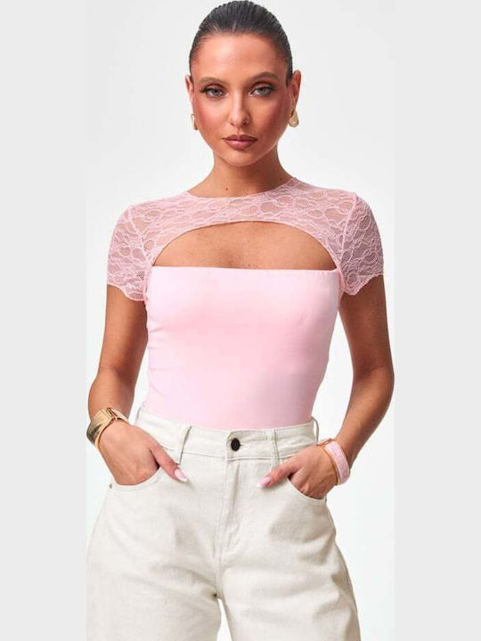Women's Blouse with Lace Pink