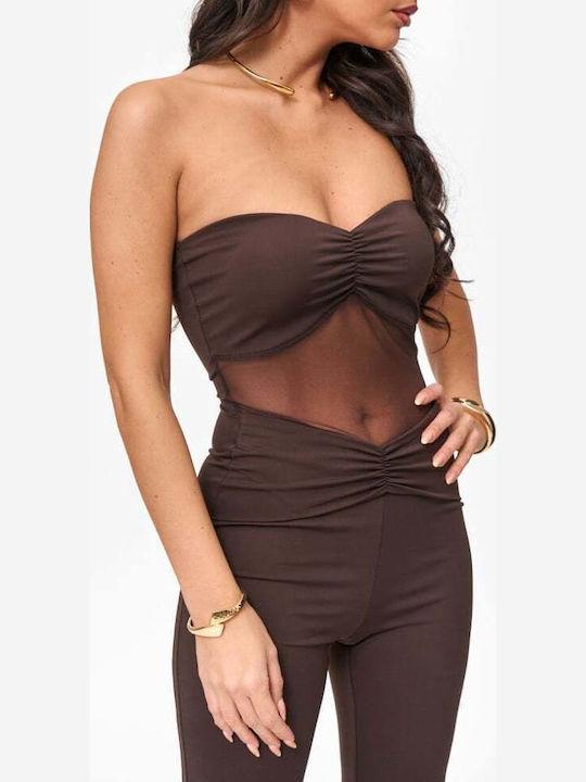 Γυναικεία Strapless Ολόσωμη Φόρμα Καφε Σκουρο