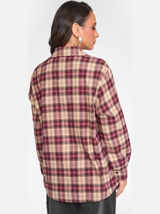 Long Sleeve Women's Shirt Burgundy Checked