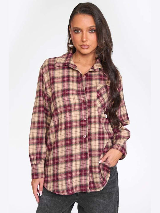 Long Sleeve Women's Shirt Burgundy Checked