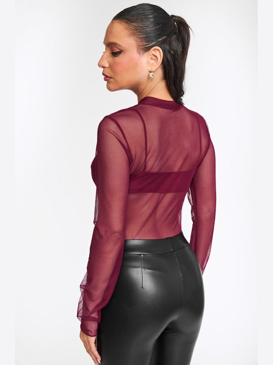 Damen-Bodysuit Mit Transparenz Mit Verstärkung Burgundisch