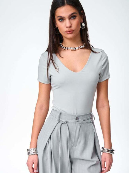 Deep Neckline Gray Women's Bodysuit