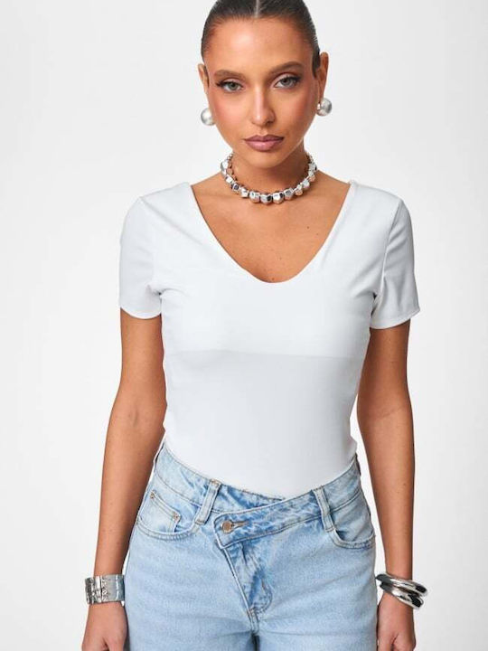 Deep Neckline White Women's Bodysuit
