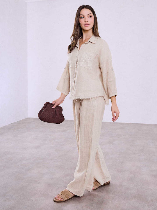 Celestino Women's Linen Shirt Sequins Loose Fit Beige