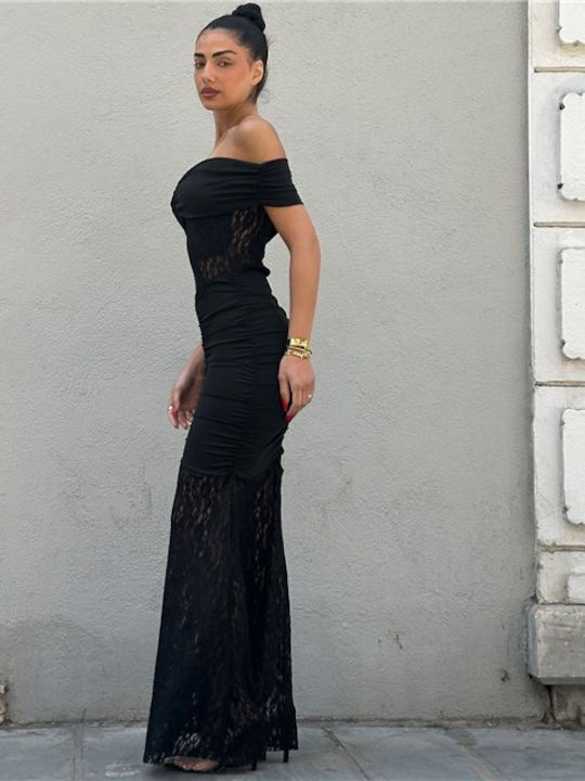Rochie Pentru Nuntă / Botez Cu Umerii Goi Cu Dantelă Neagră