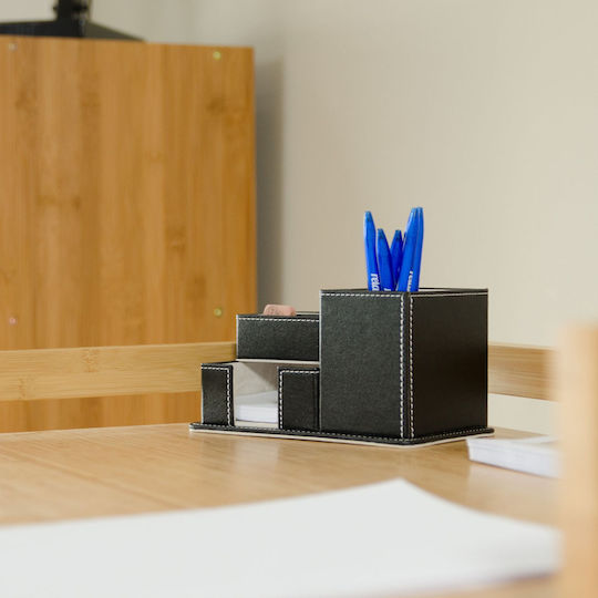 Relaxdays Stifthalter Synthetisches Leder 4 Fächer Schwarz 10x18,5x11 cm