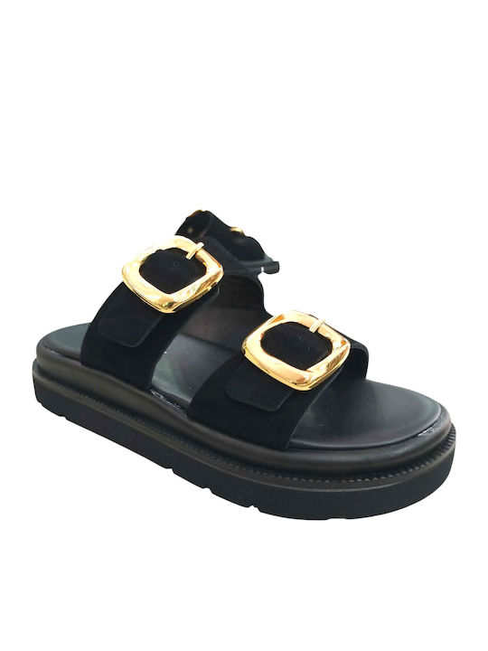 Δερμάτινα Γυναικεία Σανδάλια Flatforms Μαύρα