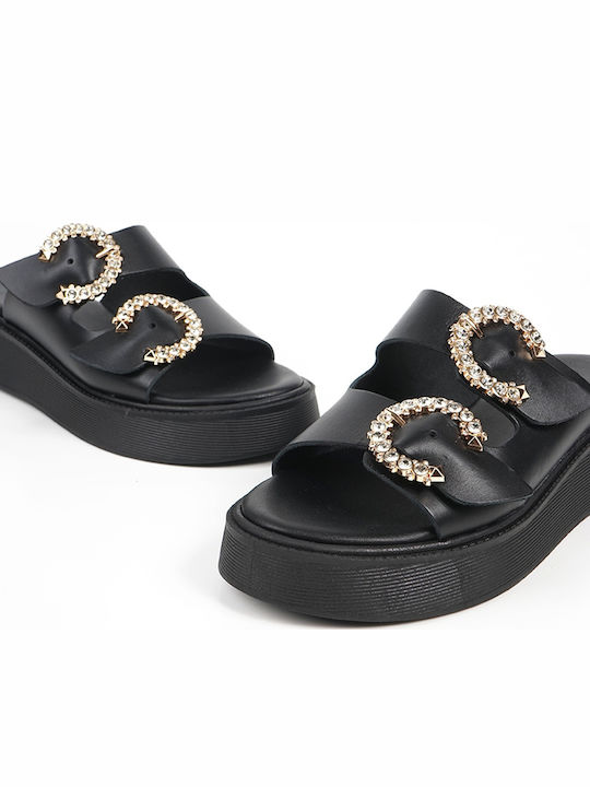 Leather Women's Flat Sandals Flatforms Black
