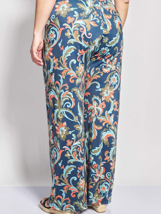 Pantaloni Largi Dama Cu Cauciuc Model Floral Albastru
