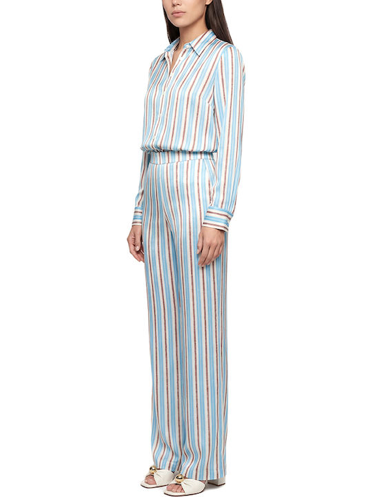 Pants Women Twenty-29 Γυναικείο Ψηλόμεσο Σατέν Παντελόνι με Λάστιχο σε Ίσια Γραμμή Ριγέ Καφε- Μπεζ- Σιελ