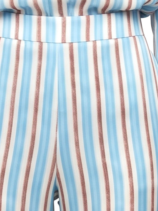 Pants Women Twenty-29 Γυναικείο Ψηλόμεσο Σατέν Παντελόνι με Λάστιχο σε Ίσια Γραμμή Ριγέ Καφε- Μπεζ- Σιελ