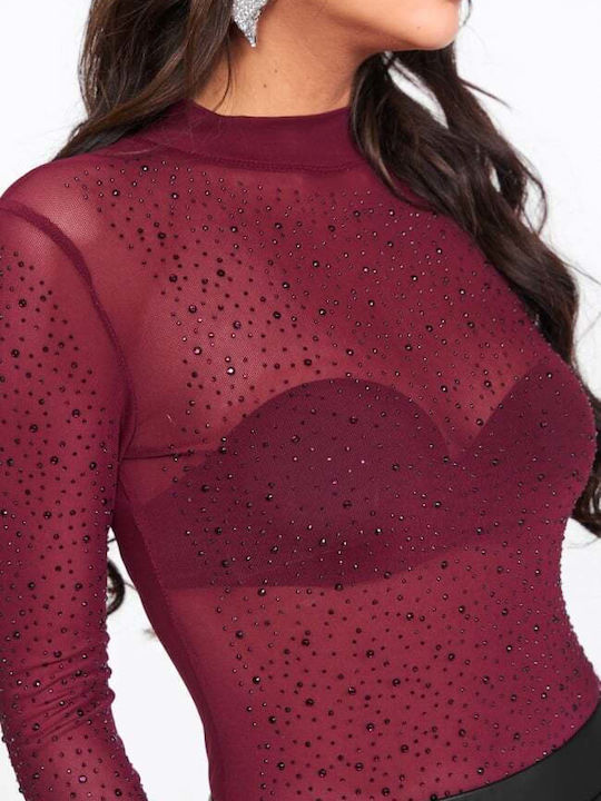 Decoro Women's Bodysuit See Through with Rhinestones Burgundy