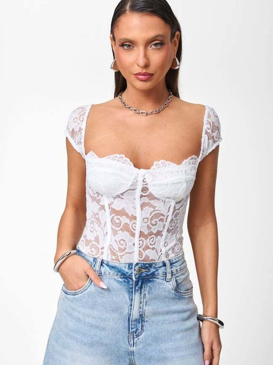 Damen-Bodysuit Mit Spitze Weiß