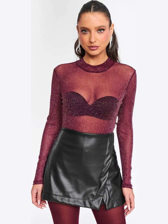 Shiny See Through Burgundy Women's Bodysuit