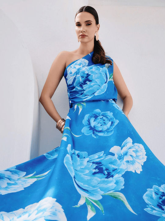 Fustă Maxi Satinată Florală Albastră