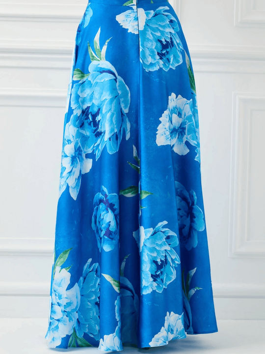 Fustă Maxi Satinată Florală Albastră