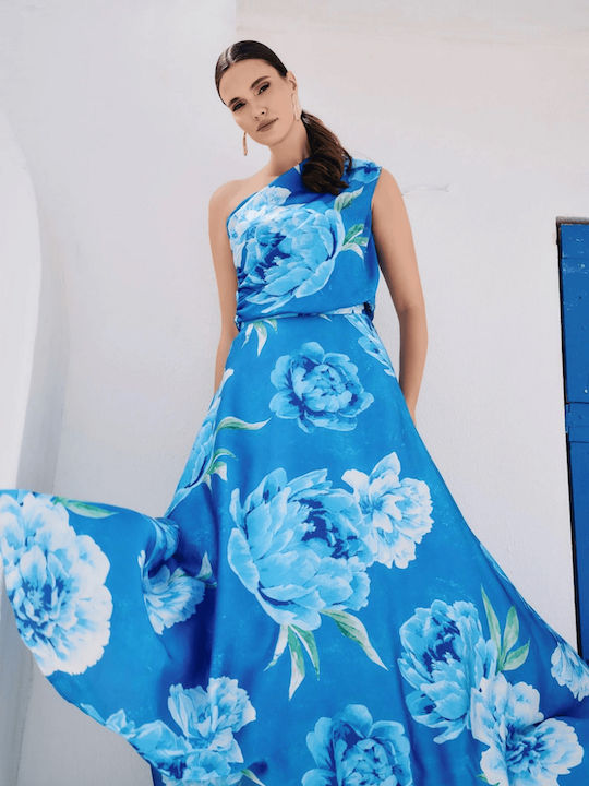 Fustă Maxi Satinată Florală Albastră