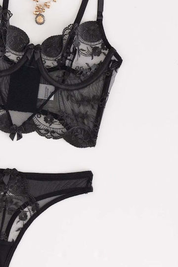 Set Underwear Corset See Through Bandeau Black