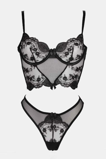 Set Underwear Corset See Through Bandeau Black