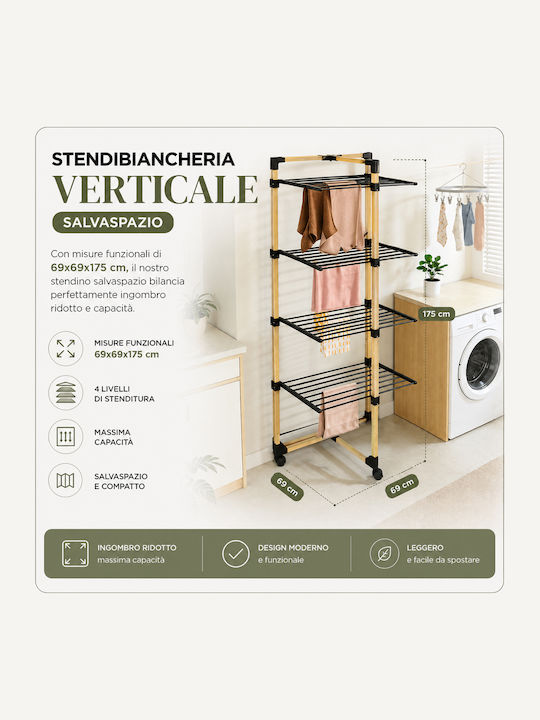 Bakaji Folding Vertical Clothes Drying Rack 4 Levels Wheels 69x175x69 cm 02002249