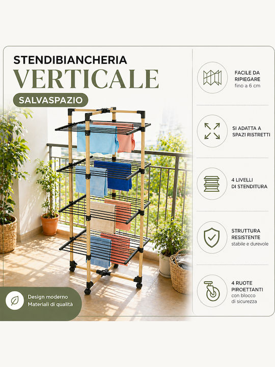 Bakaji Folding Vertical Clothes Drying Rack 4 Levels Wheels 69x175x69 cm 02002249