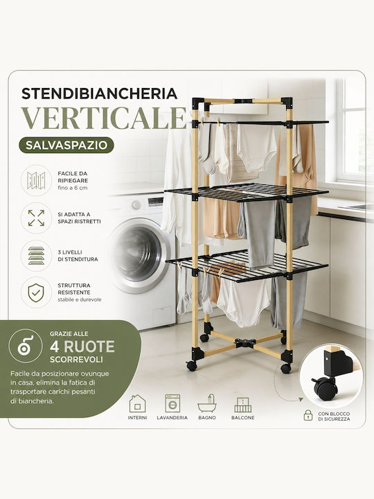 Bakaji Folding Vertical Clothes Drying Rack 3 Levels 69x136x69 cm Wheels 02002248