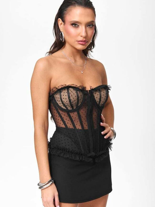 Women's Blouse Corset Top Strapless Polka Dot Black