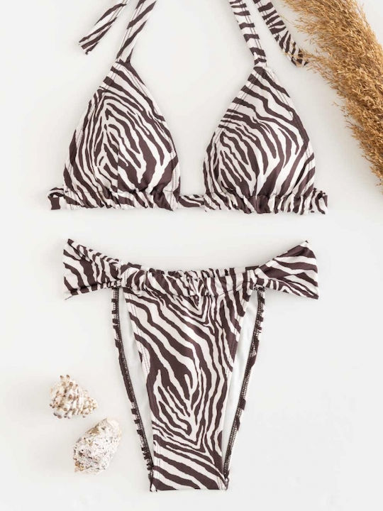 Set Bikini Dreieck Hohe Taille Weiß-Braun