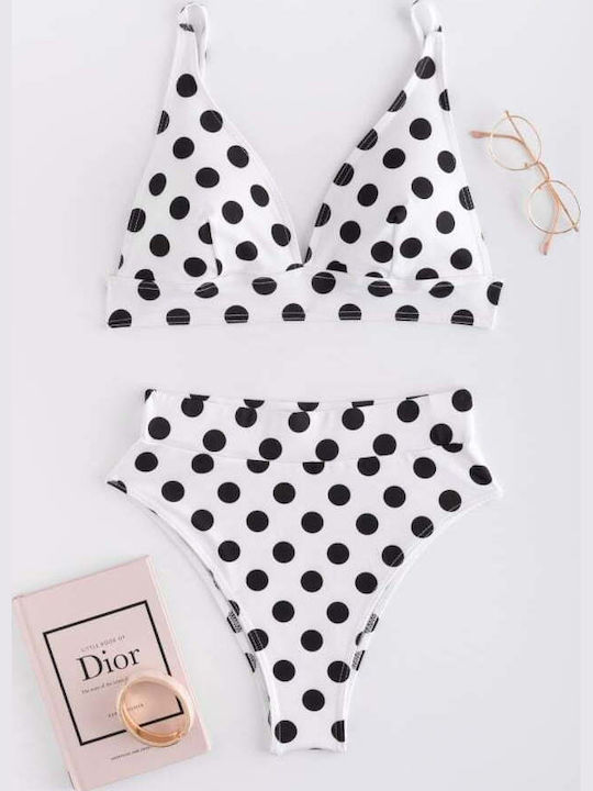 Set Bikini Talie Înaltă Cu Buline Alb