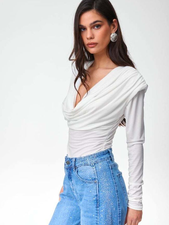 Damen Bluse Drapierung Weiß
