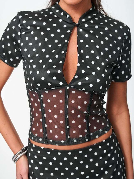 Women's Blouse with Mesh Polka Dot Black