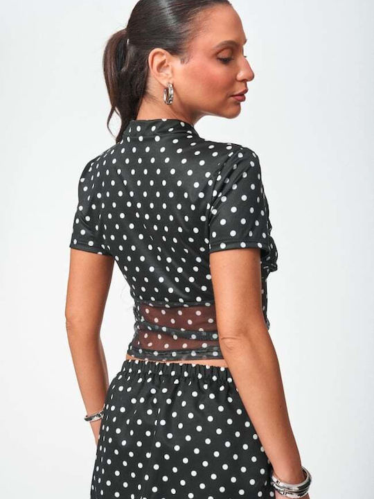 Women's Blouse with Mesh Polka Dot Black