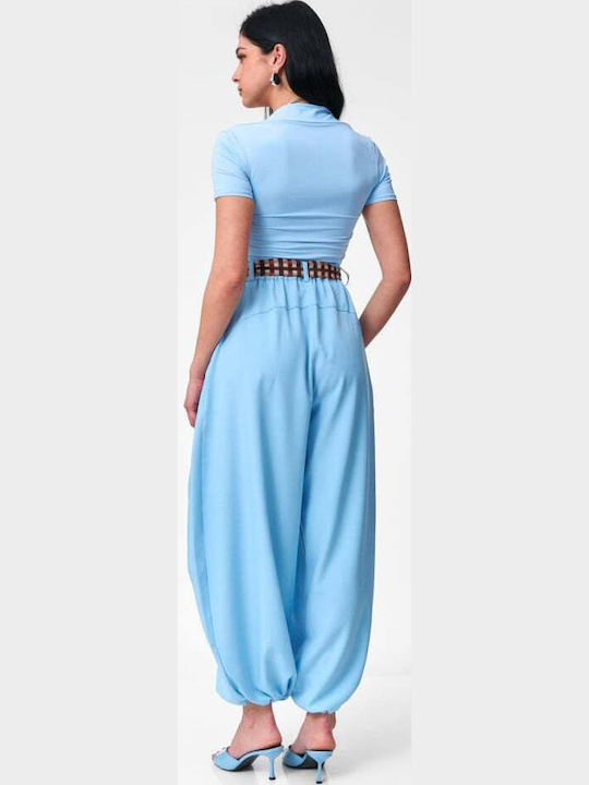 Damen Stoffhose mit Gummiband in Balloon Bein Stil Hellblau