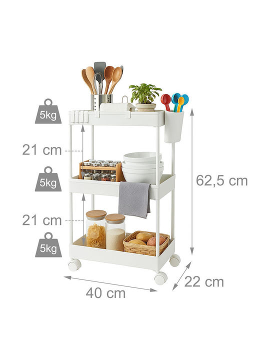 Relaxdays Troleu De Bucătărie Din Plastic Cu 3 Locuri Alb 40x22x62,5cm